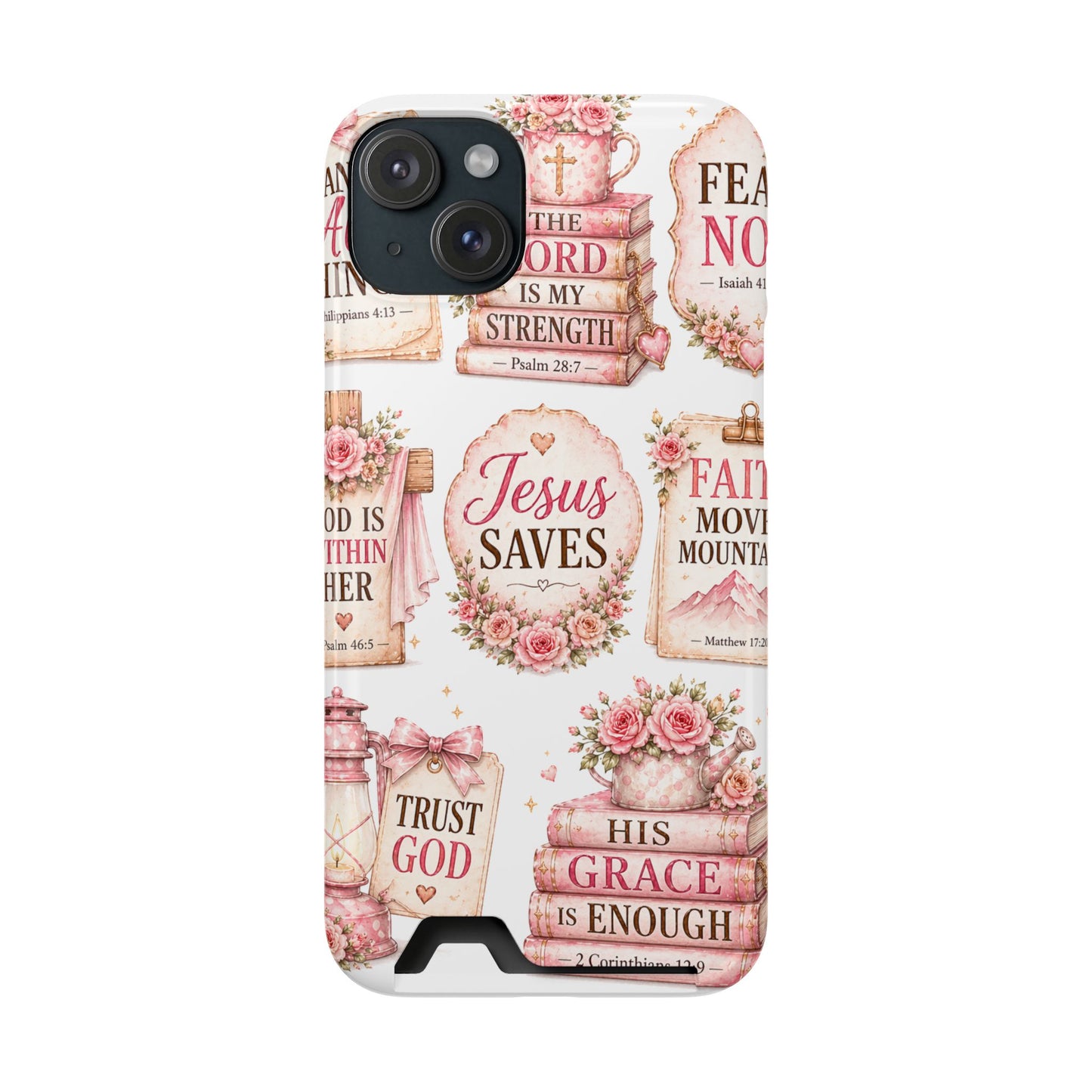 Christian Phone Case with Card Holder — 'Jesus Saves' Floral Scripture Design