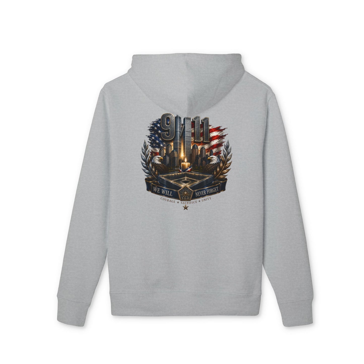 9/11 Memorial Hoodie - American Flag Tribute with Twin Towers Emblem