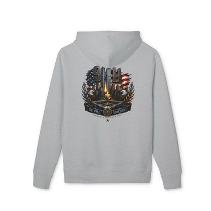 9/11 Memorial Hoodie - American Flag Tribute with Twin Towers Emblem