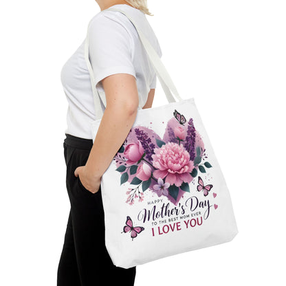 Mother's Day Floral Tote Bag - "Happy Mother's Day I Love You" Heart Bouquet