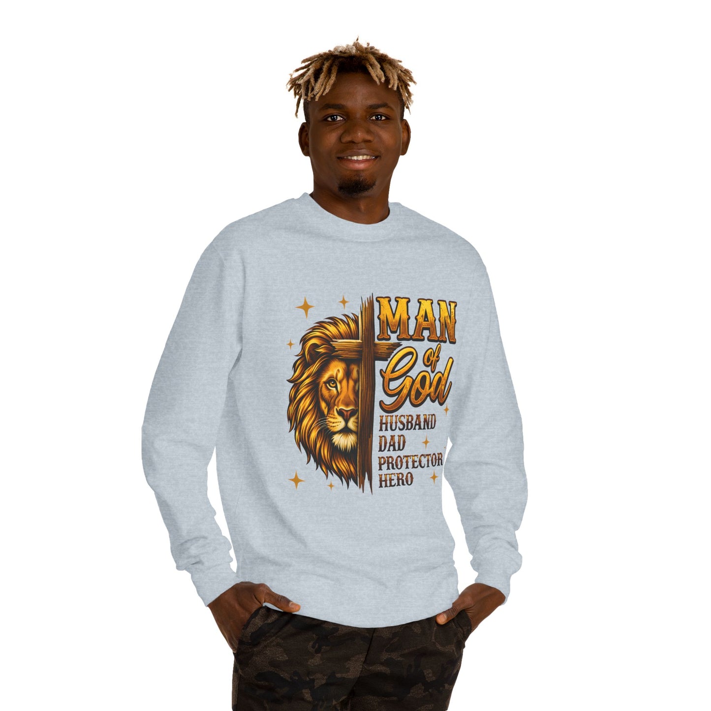 Man of God Sweatshirt — Lion Graphic, "Husband Dad Protector Hero" Faith Pullover