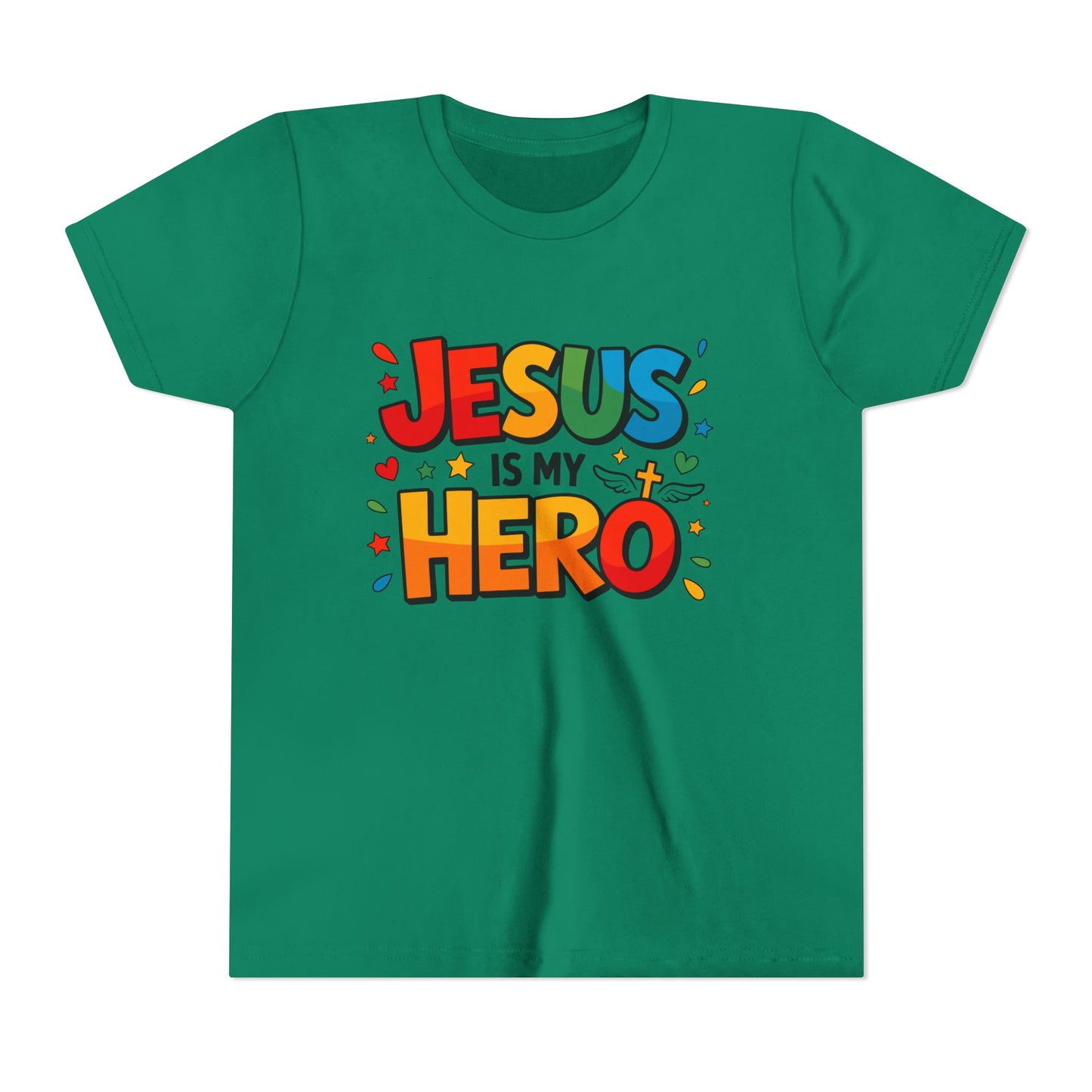 Youth Tee — "Jesus Is My Hero" Colorful Kids Christian T-Shirt