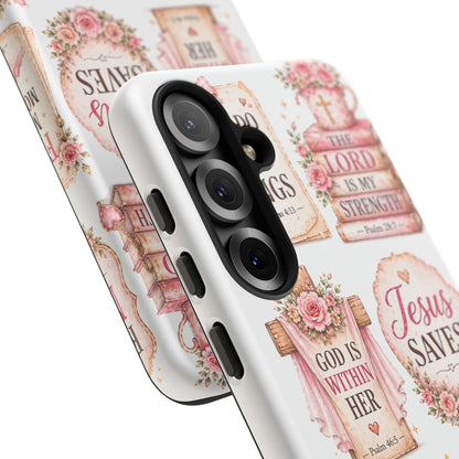 Christian Phone Case — Jesus Saves Floral Tough Case with 'God Is Within Her' & 'Trust God' Design