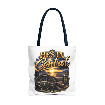 He's In Control Christian Tote Bag — Faith-Inspired Inspirational Grocery & Daily Carry AOP