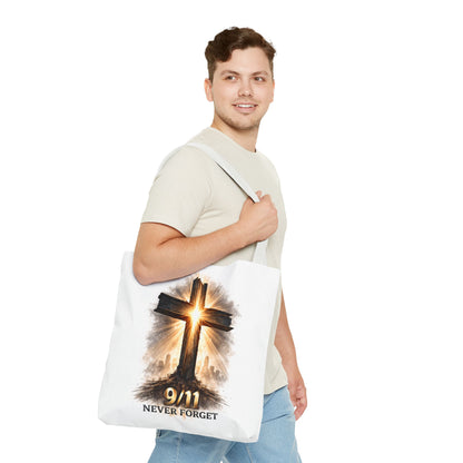 9/11 Never Forget Cross Memorial Tote Bag — Patriotic Remembrance Shopper