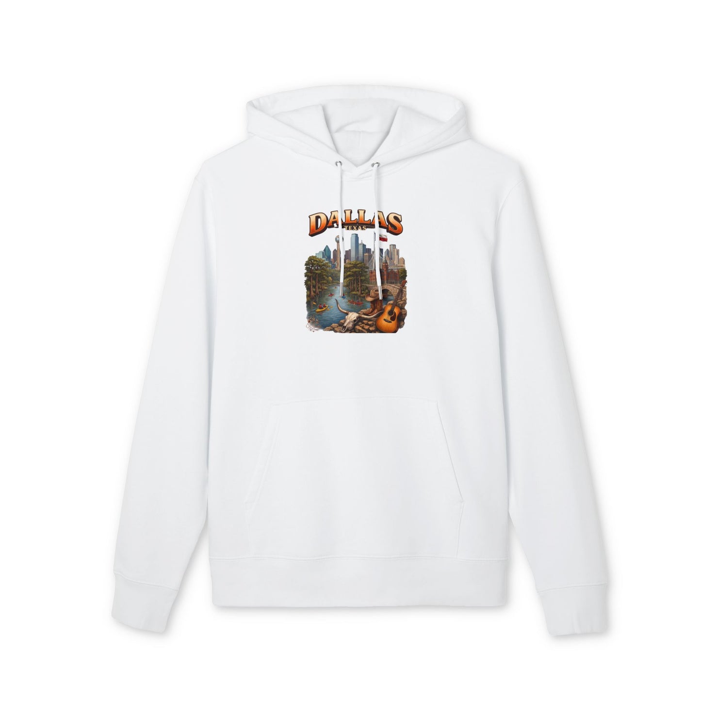 Dallas Cityscape Hoodie — Retro Skyline, River & Guitar Graphic