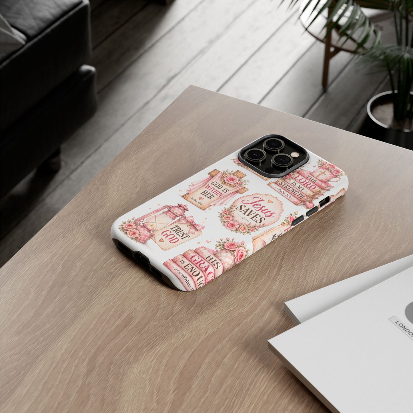 Christian Phone Case — Jesus Saves Floral Tough Case with 'God Is Within Her' & 'Trust God' Design