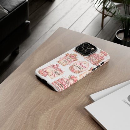 Christian Phone Case — Jesus Saves Floral Tough Case with 'God Is Within Her' & 'Trust God' Design