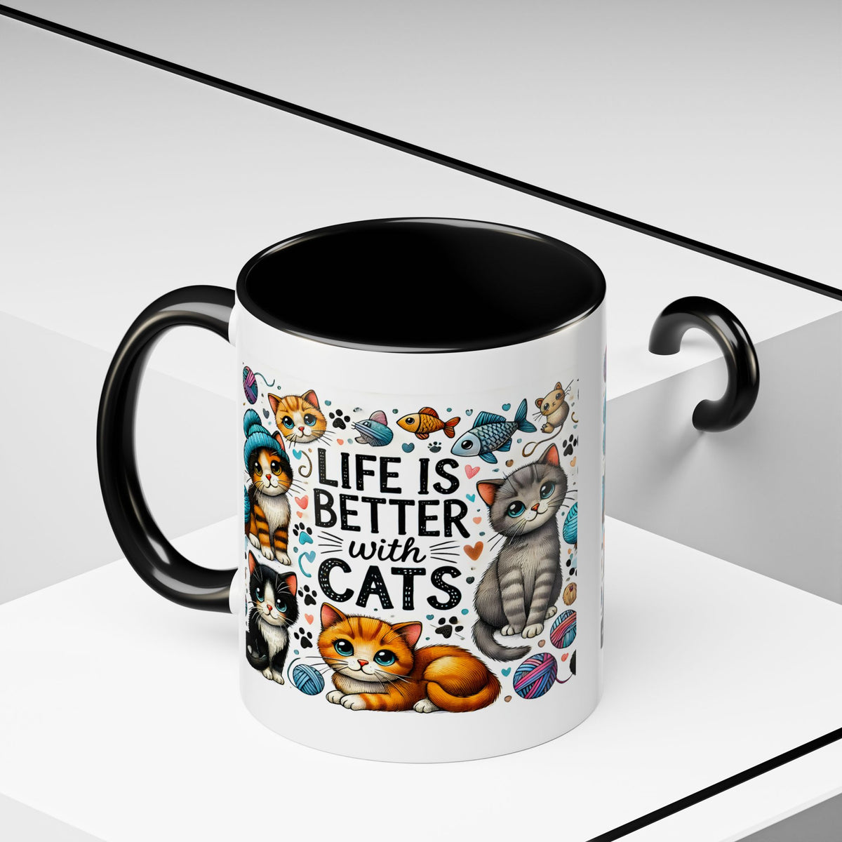 Life Is Better With Cats Accent Coffee Mug – Cute Kitten Ceramic Tea Cup (11/15oz)