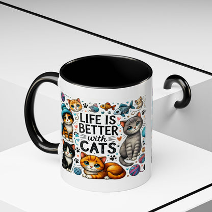 Life Is Better With Cats Accent Coffee Mug – Cute Kitten Ceramic Tea Cup (11/15oz)