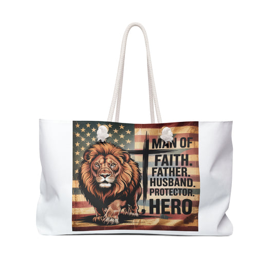 Weekender Bag - 'Man of Faith' Lion Patriotic Travel Tote (Father/Husband Hero Gift)