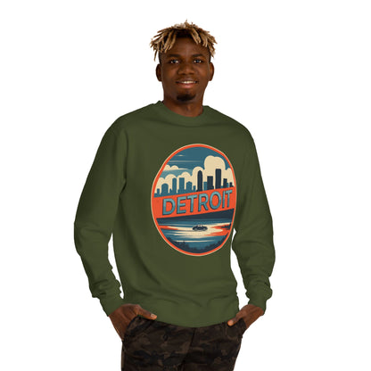 Detroit Skyline Crewneck Sweatshirt — Retro Sunset City Graphic