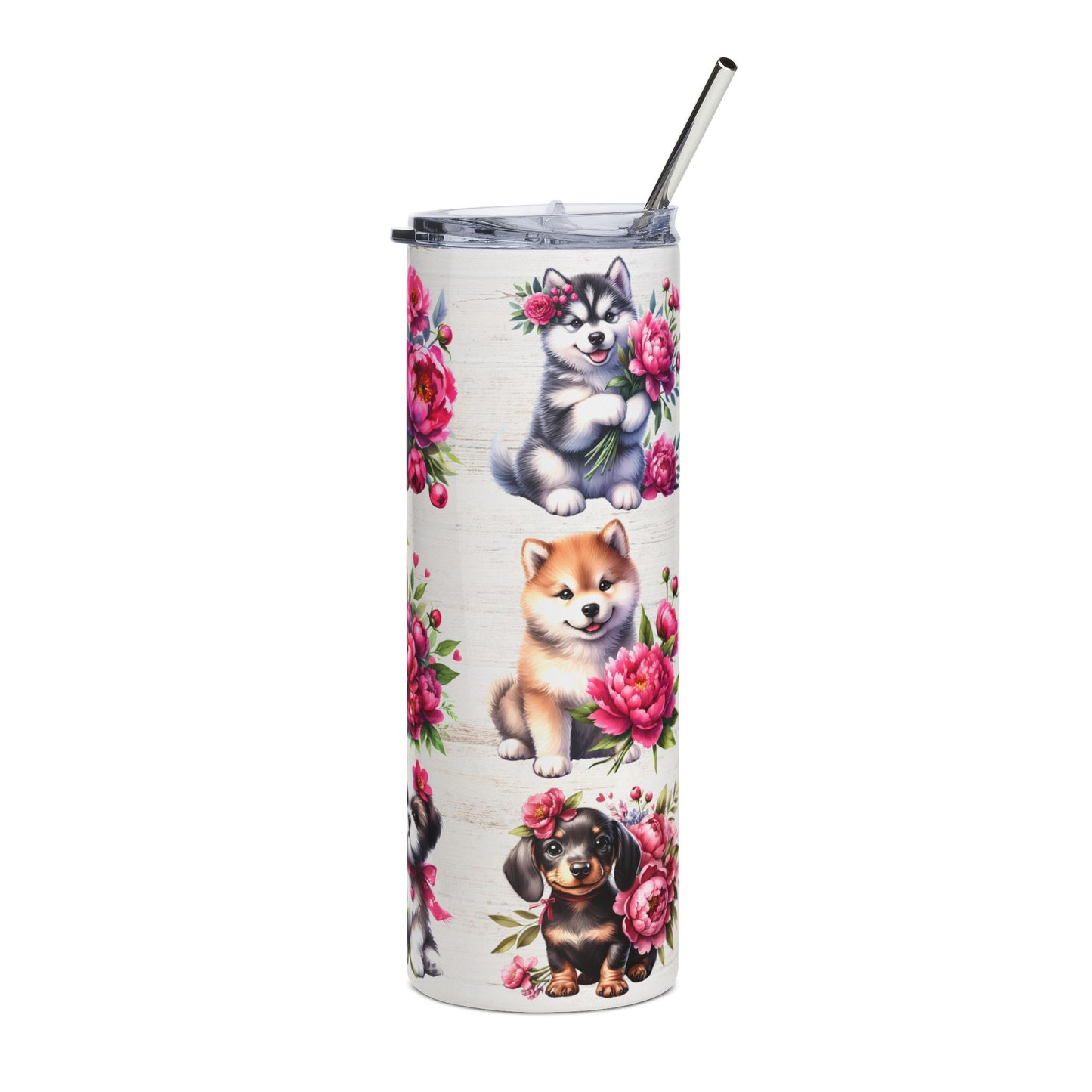 20oz Stainless Tumbler with Floral Puppy Pattern — Insulated Dog Lover Travel Cup