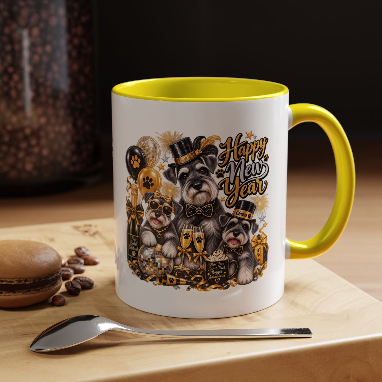 Happy New Year Schnauzer Coffee Mug — Festive Dog New Year Accent Mug (11/15oz)