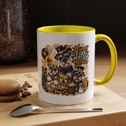 Happy New Year Schnauzer Coffee Mug — Festive Dog New Year Accent Mug (11/15oz)