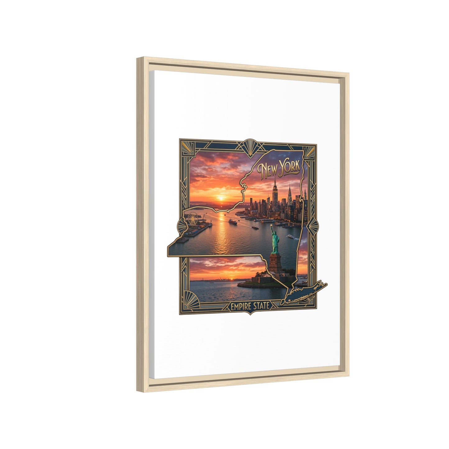 Framed Matte Canvas Wall Art — New York City Sunset Skyline with Statue of Liberty