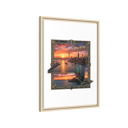 Framed Matte Canvas Wall Art — New York City Sunset Skyline with Statue of Liberty