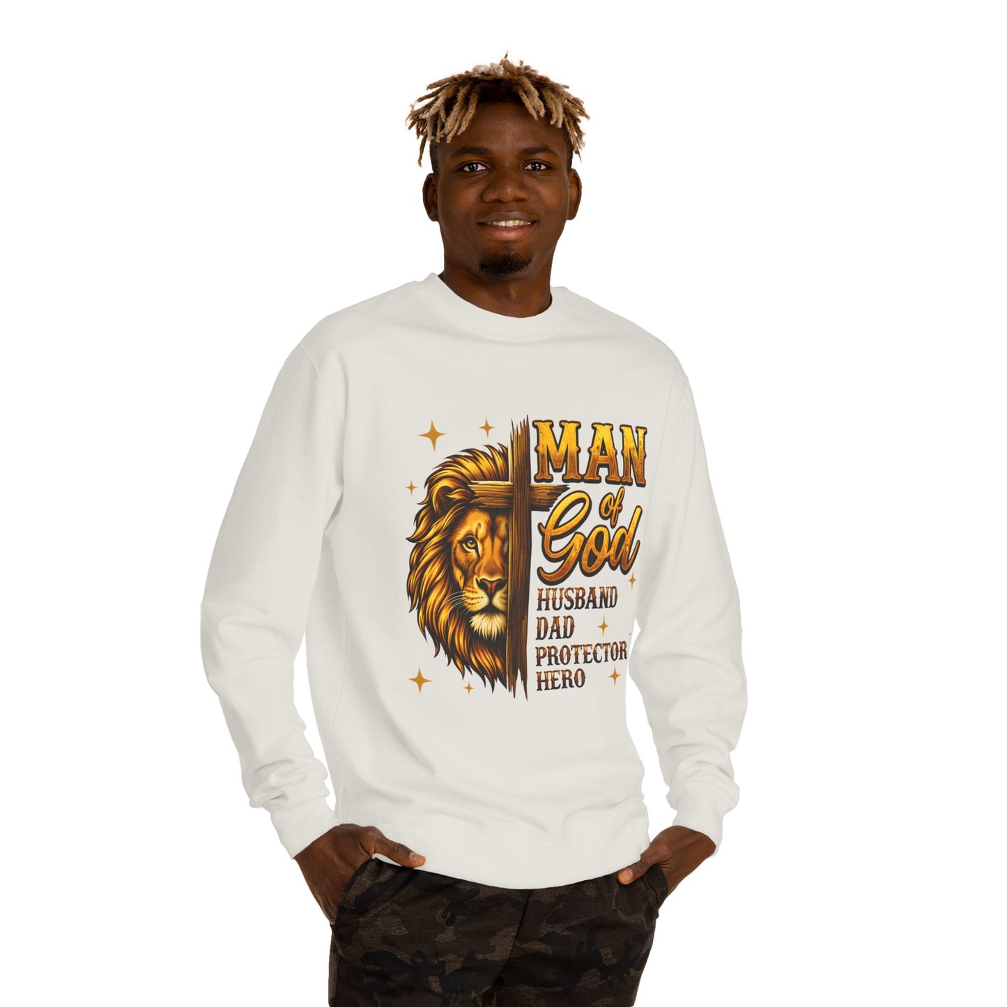 Man of God Sweatshirt — Lion Graphic, "Husband Dad Protector Hero" Faith Pullover