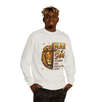 Man of God Sweatshirt — Lion Graphic, "Husband Dad Protector Hero" Faith Pullover