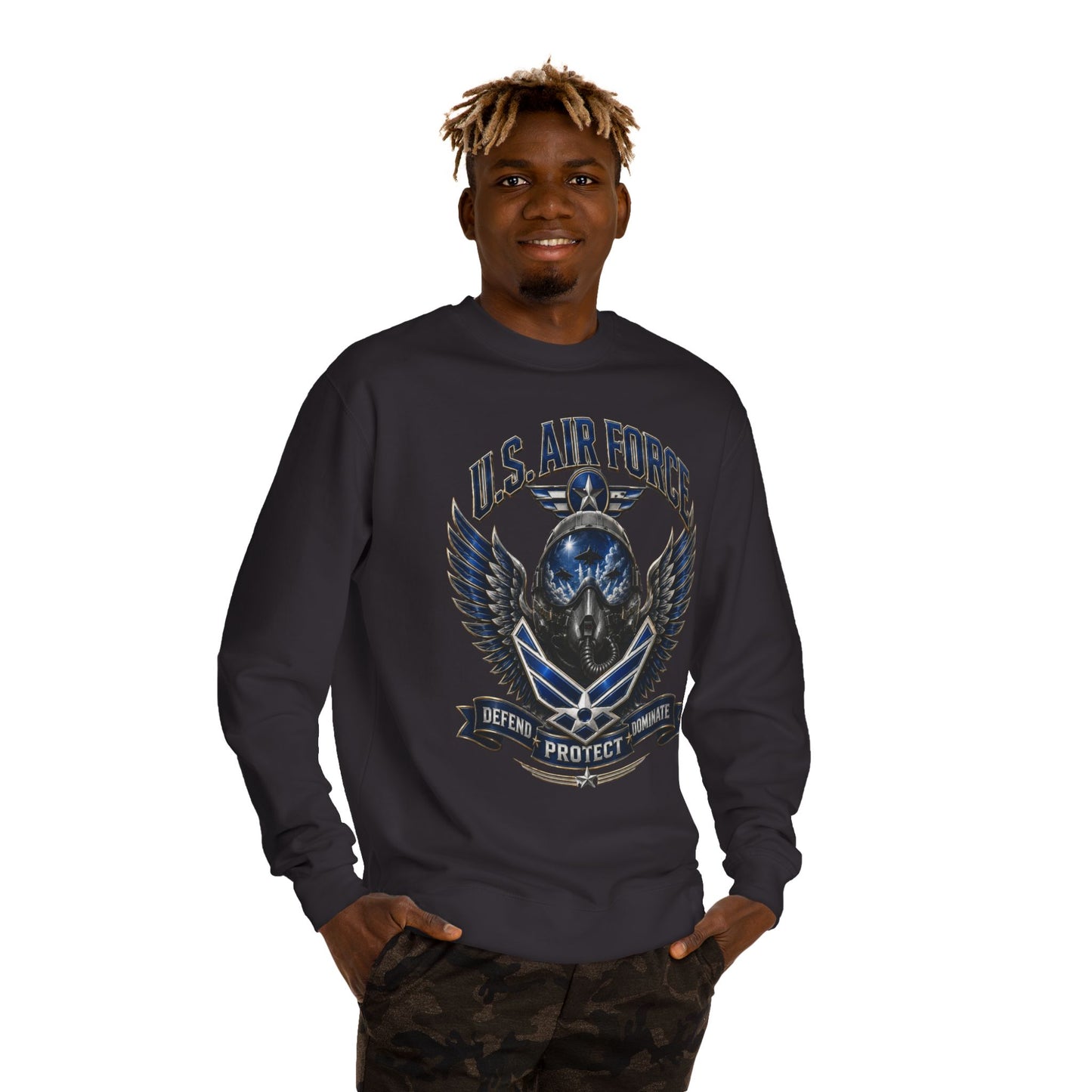 U.S. Air Force Skull Crewneck Sweatshirt — Defend Protect Dominate Tactical Pullover