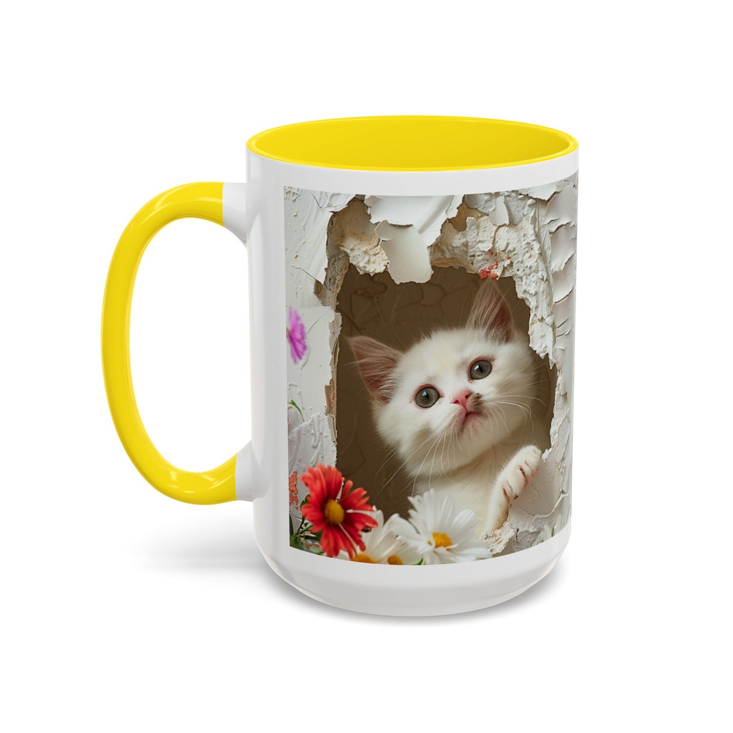Peek-A-Boo Kitten Accent Coffee Mug — Cute Cat Floral Design (11/15oz)