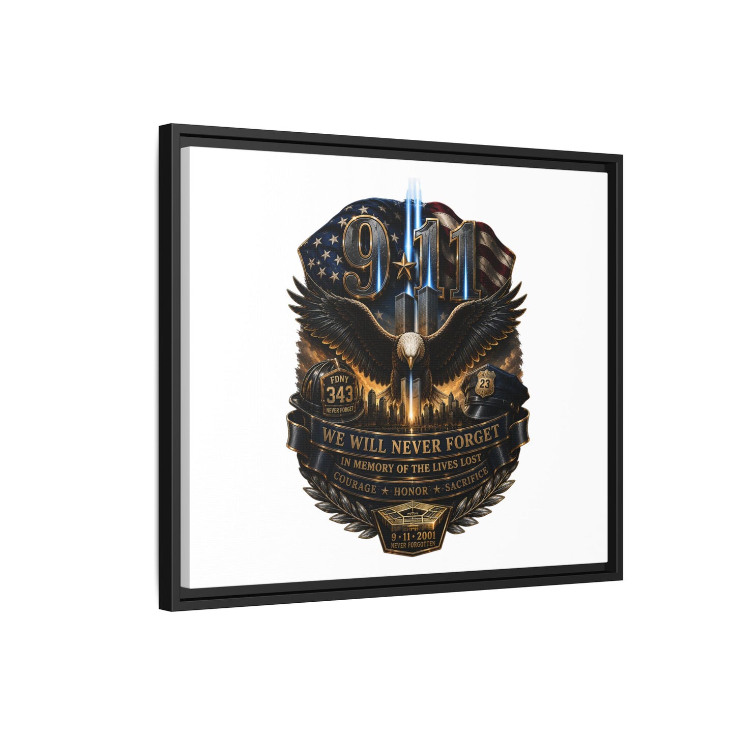 9/11 We Will Never Forget Matte Framed Canvas - Memorial Tribute Wall Art