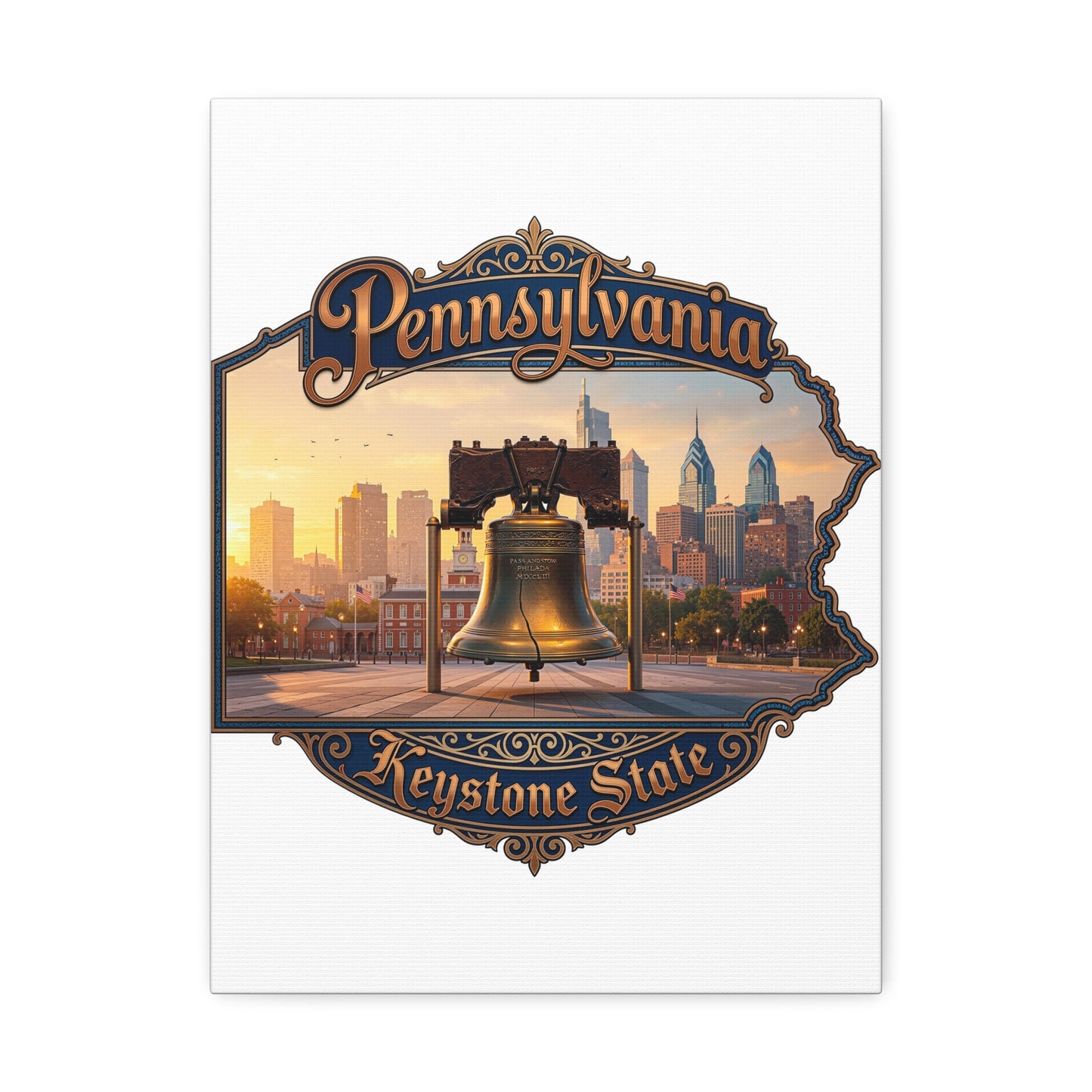 Pennsylvania Keystone State Canvas Wall Art – Liberty Bell & Philadelphia Skyline