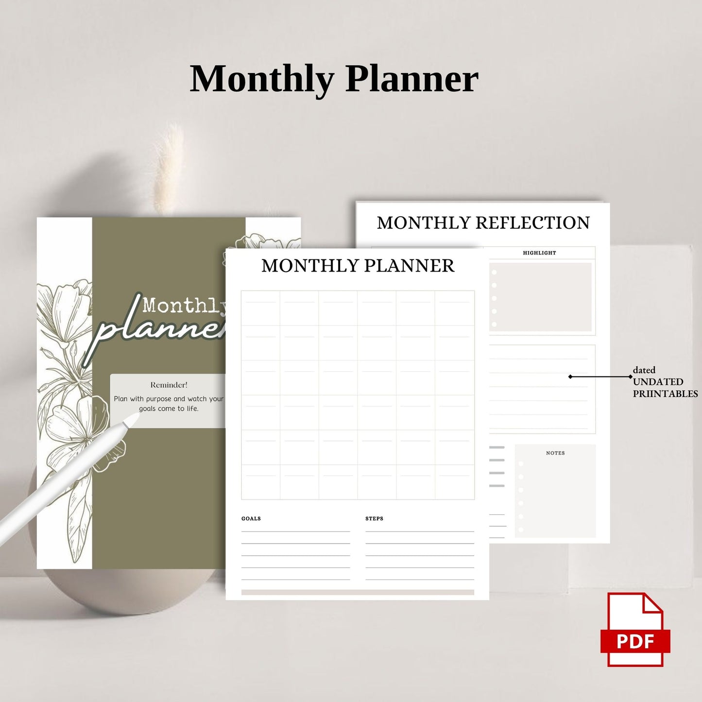 Monthly Planner Printable | Calendar Planner | Monthly Organizer | Goal Planner | Productivity Planner PDF