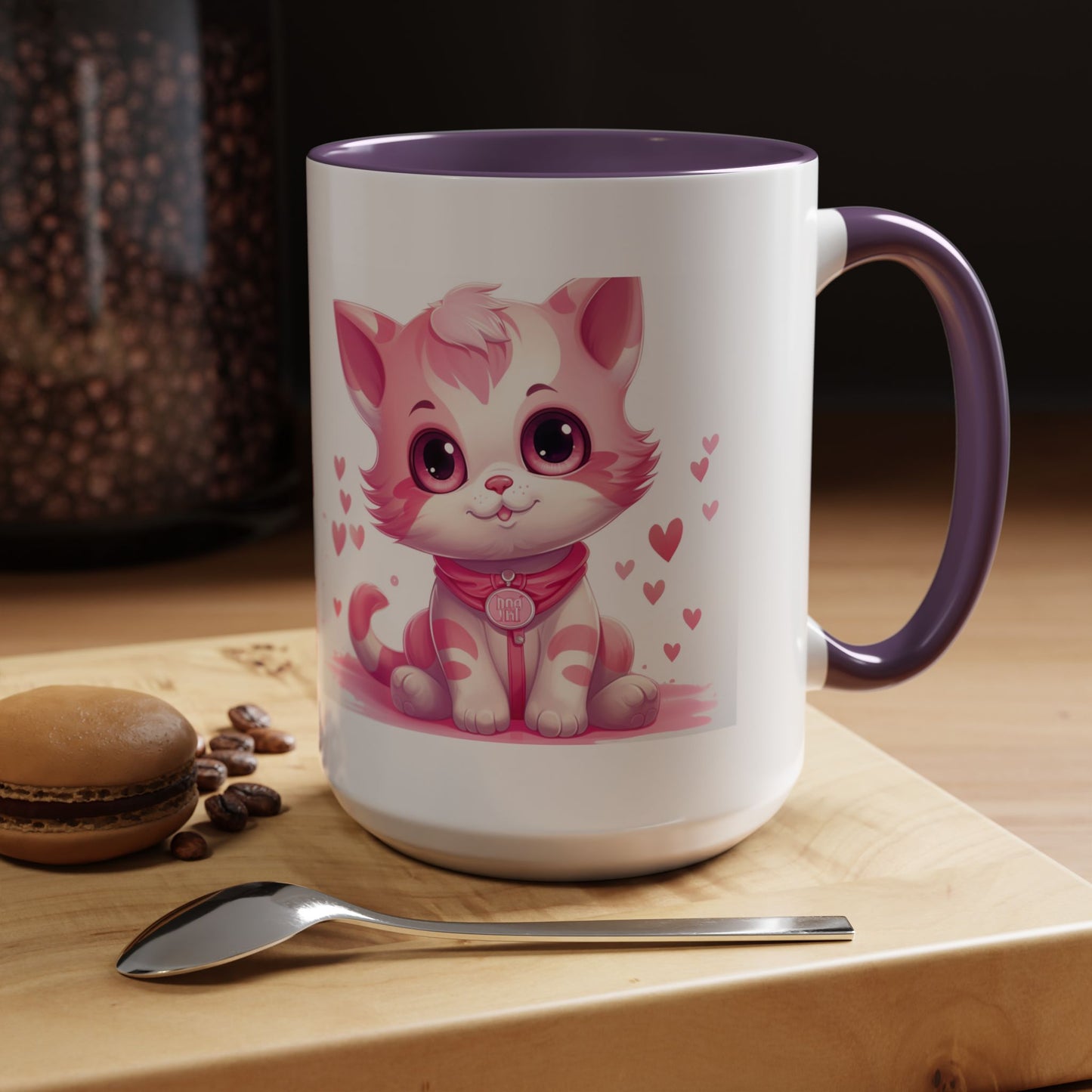 Pink Cute Kitten Coffee Mug — Cute Cat Accent Mug with Hearts (11/15oz)