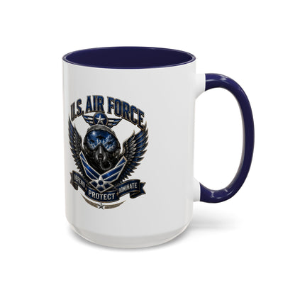 U.S. Air Force Emblem Accent Coffee Mug — Defend Protect Dominate (11/15oz)