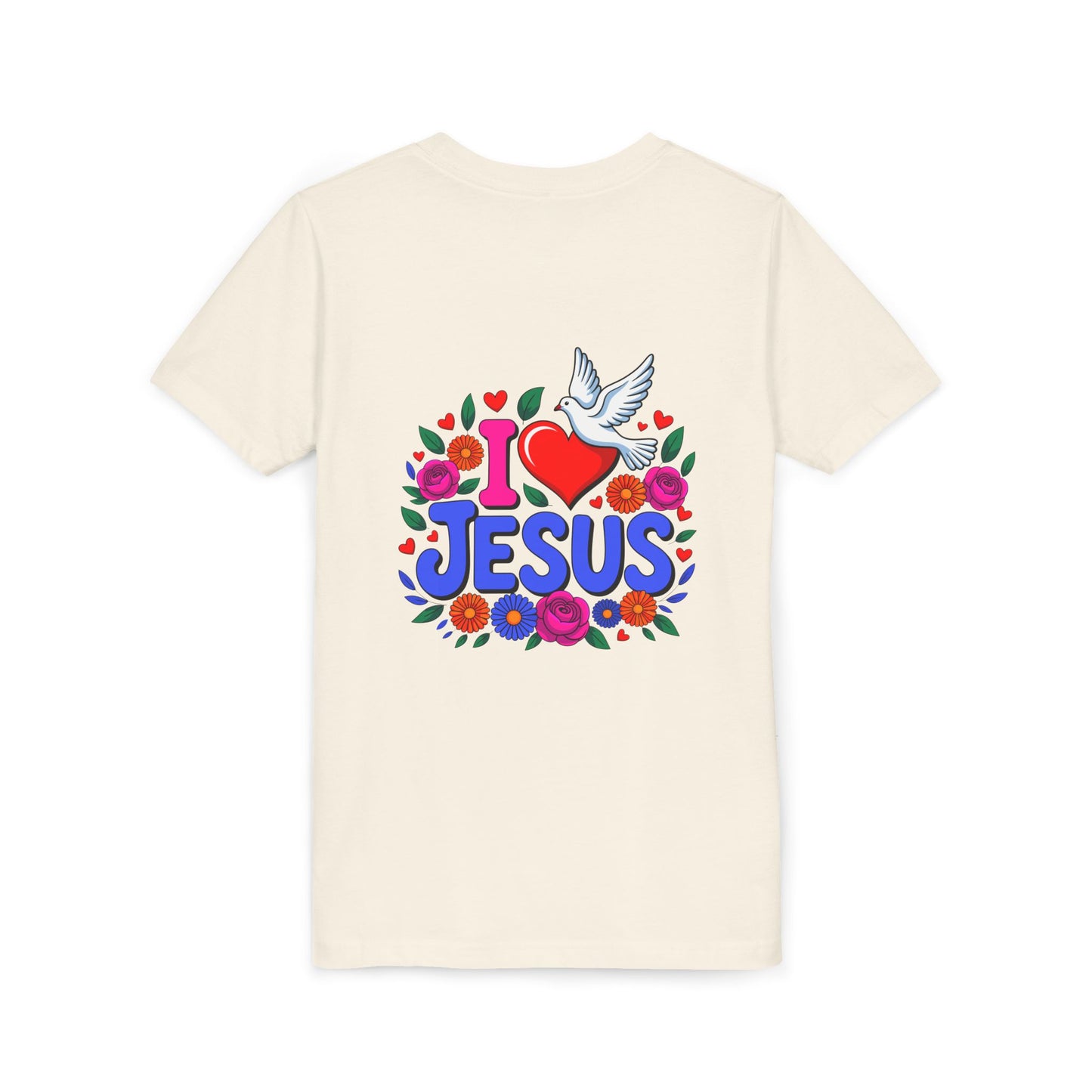 Youth Tee — "I  Jesus" Colorful Dove & Floral Christian Shirt