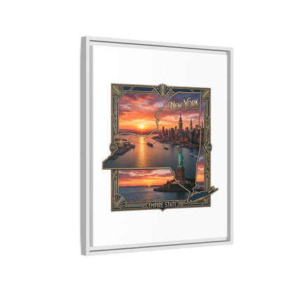 Framed Matte Canvas Wall Art — New York City Sunset Skyline with Statue of Liberty