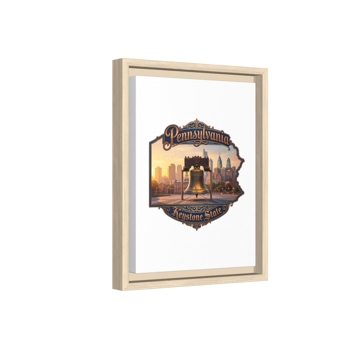 Pennsylvania Keystone State Framed Canvas Wall Art — Liberty Bell & Philadelphia Skyline