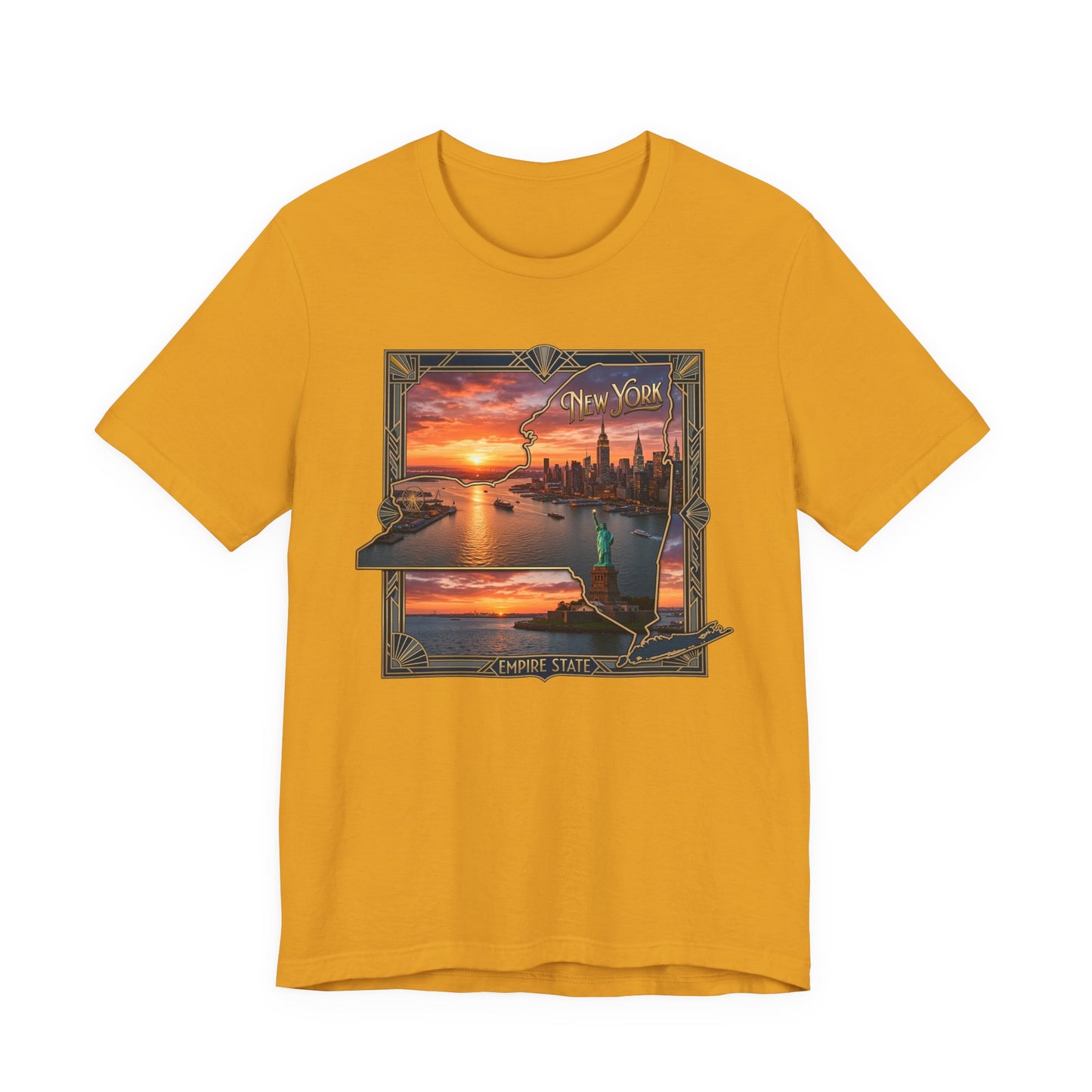 New York Sunset Skyline Tee — Statue of Liberty Vintage Travel T‑Shirt