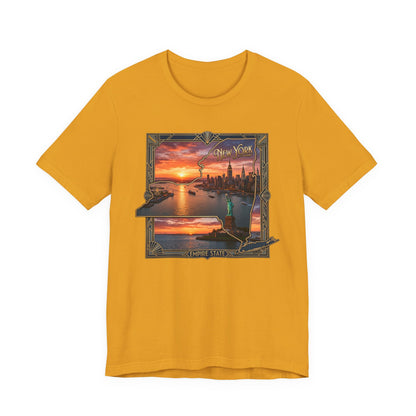 New York Sunset Skyline Tee — Statue of Liberty Vintage Travel T‑Shirt