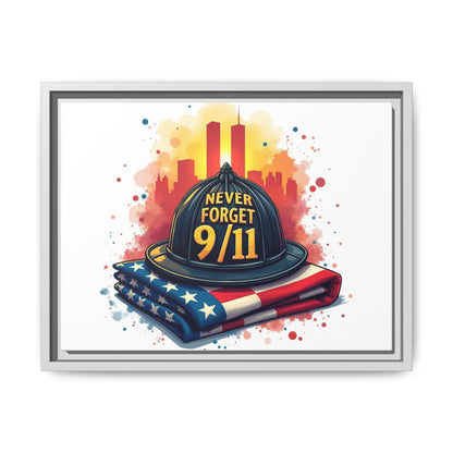 Never Forget 9/11 Framed Canvas Print — Firefighter Helmet & American Flag Memorial Art