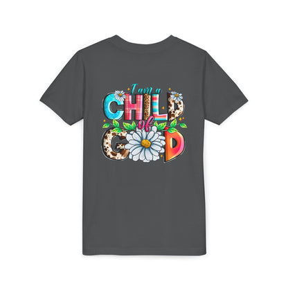 Youth Tee — "I Am a Child of God" Floral Christian Graphic