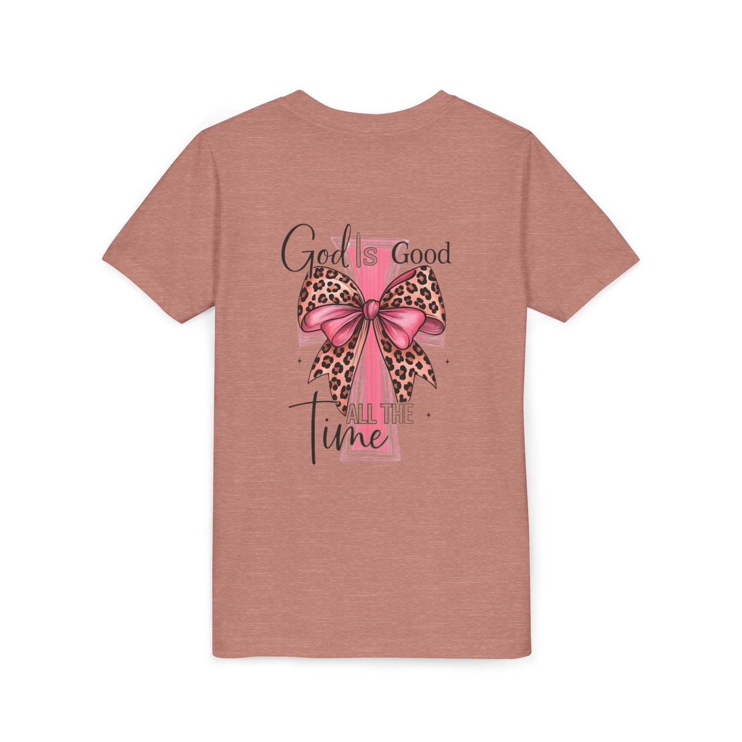 Youth Tee — "God is Good All the Time" Pink Cross with Leopard Bow