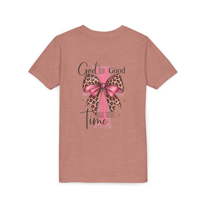 Youth Tee — "God is Good All the Time" Pink Cross with Leopard Bow