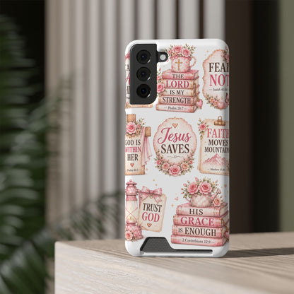 Christian Phone Case with Card Holder — 'Jesus Saves' Floral Scripture Design