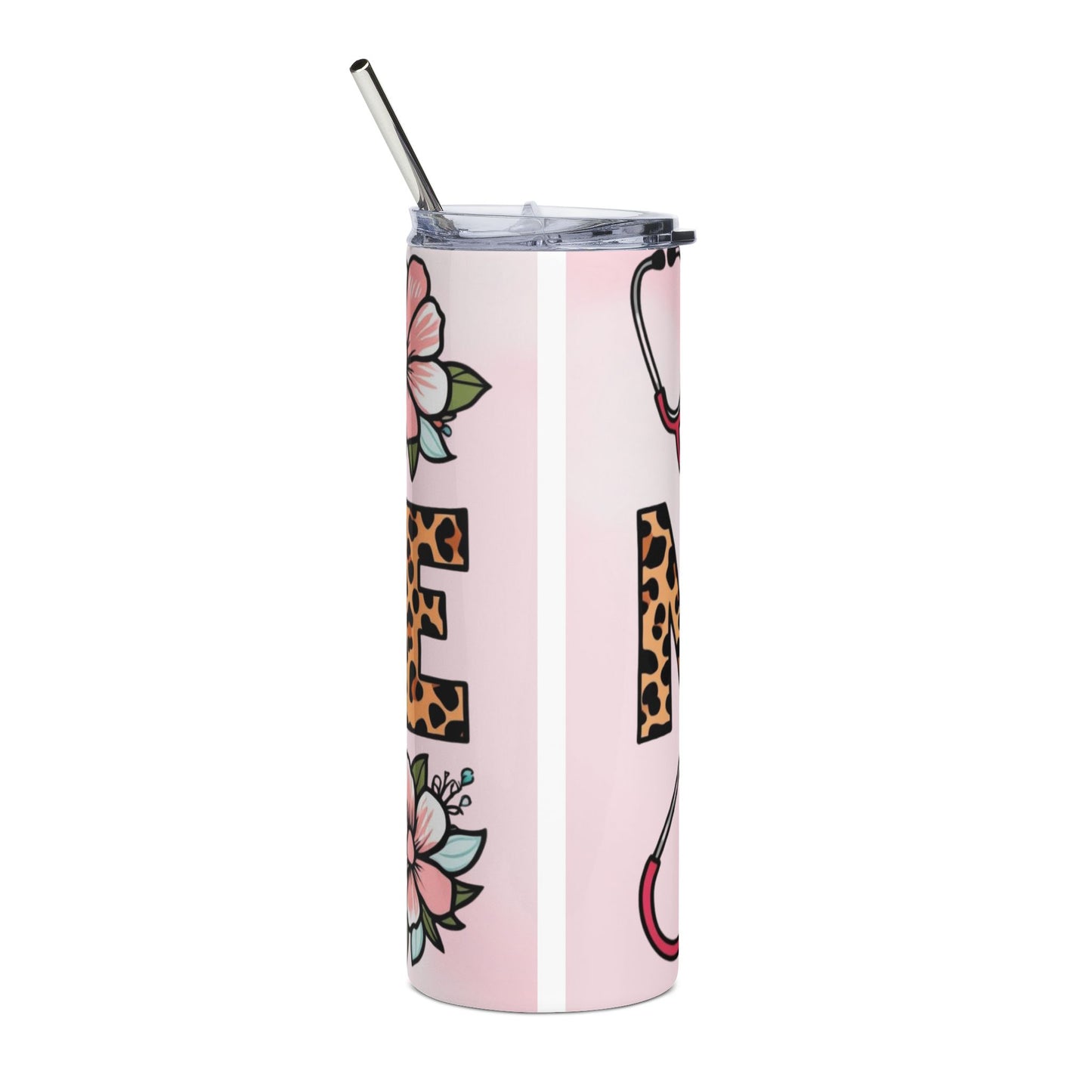 Nurse Leopard Print 20oz Stainless Tumbler – Pink Medical Stethoscope & Syringe Travel Mug