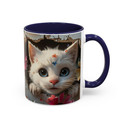 Cute White Kitten Coffee Mug – Floral Accent 11/15oz