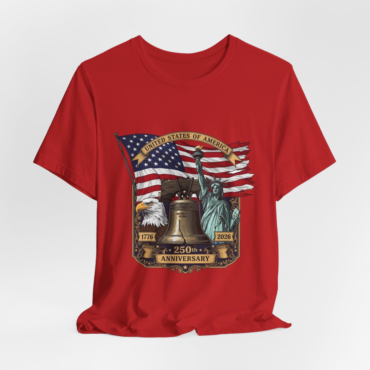 Liberty 250th Anniversary T-Shirt — American Flag, Liberty Bell & Statue of Liberty Tee