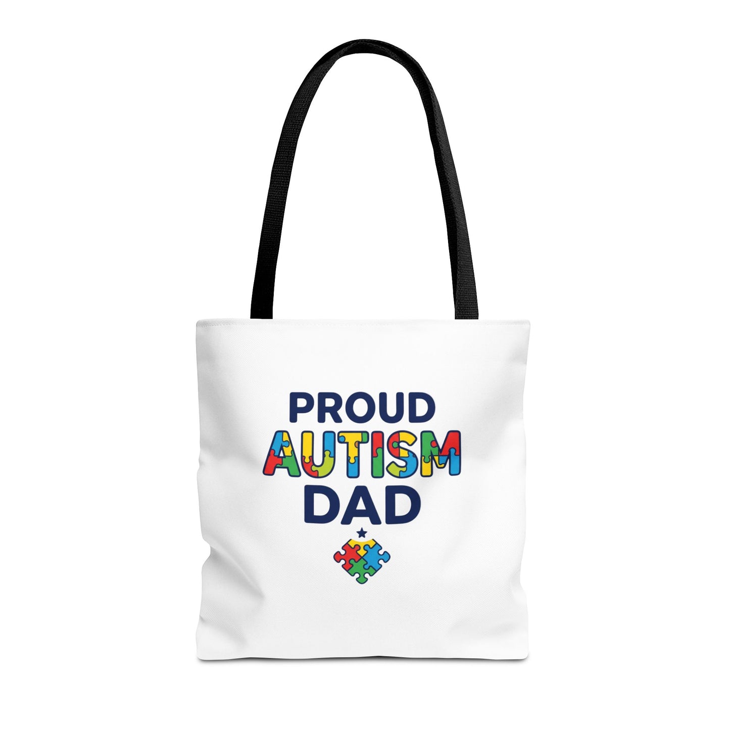 Proud Autism Dad Tote Bag — Colorful Puzzle-Heart Support Gift