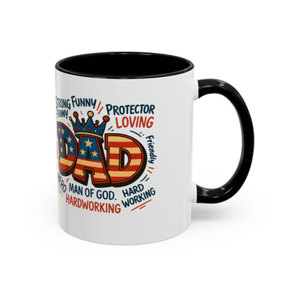 Dad Coffee Mug — Patriotic "DAD" Design with Loving, Hardworking, Protector Keywords (11/15oz Accent Mug)