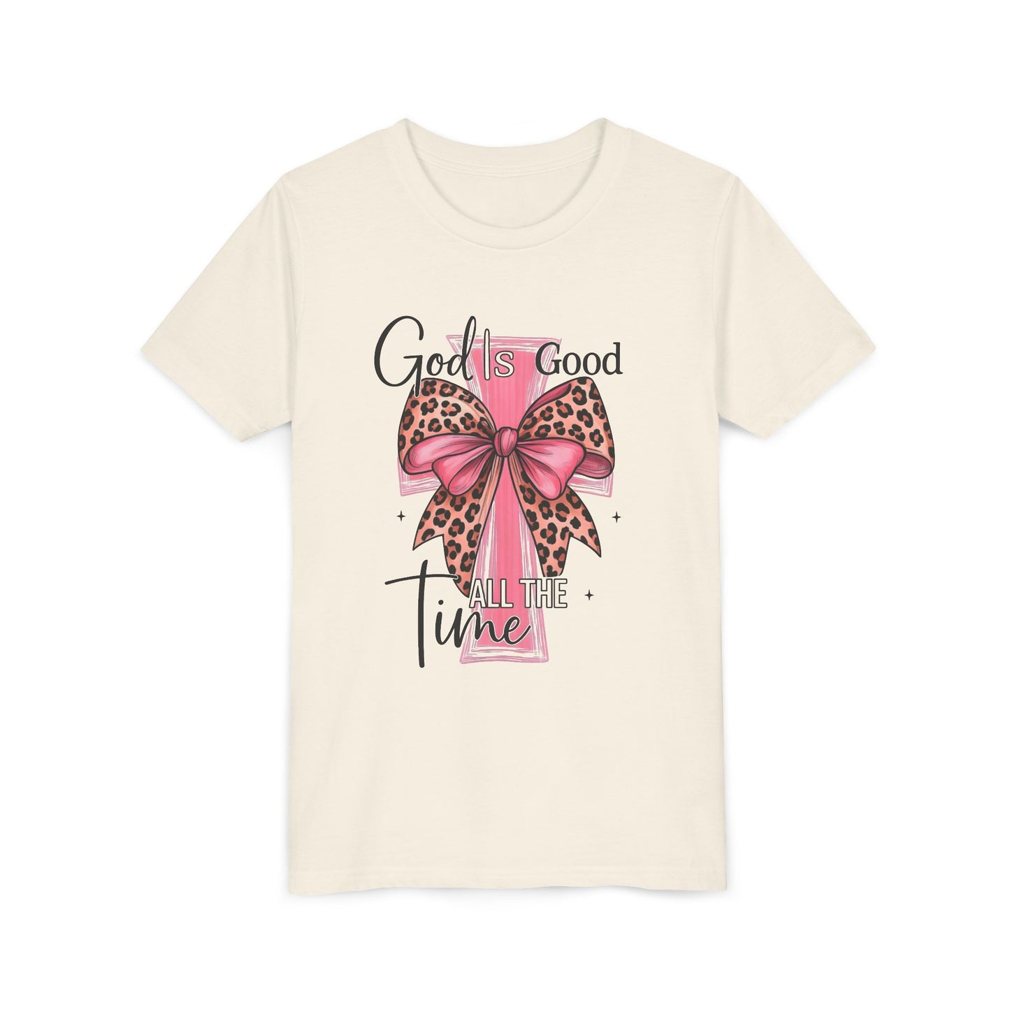 Youth Tee — "God is Good All the Time" Pink Cross with Leopard Bow