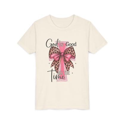 Youth Tee — "God is Good All the Time" Pink Cross with Leopard Bow