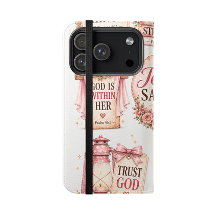 Christian Floral Phone Flip Case — "Jesus Saves" & Inspirational Scripture Wallet Cover