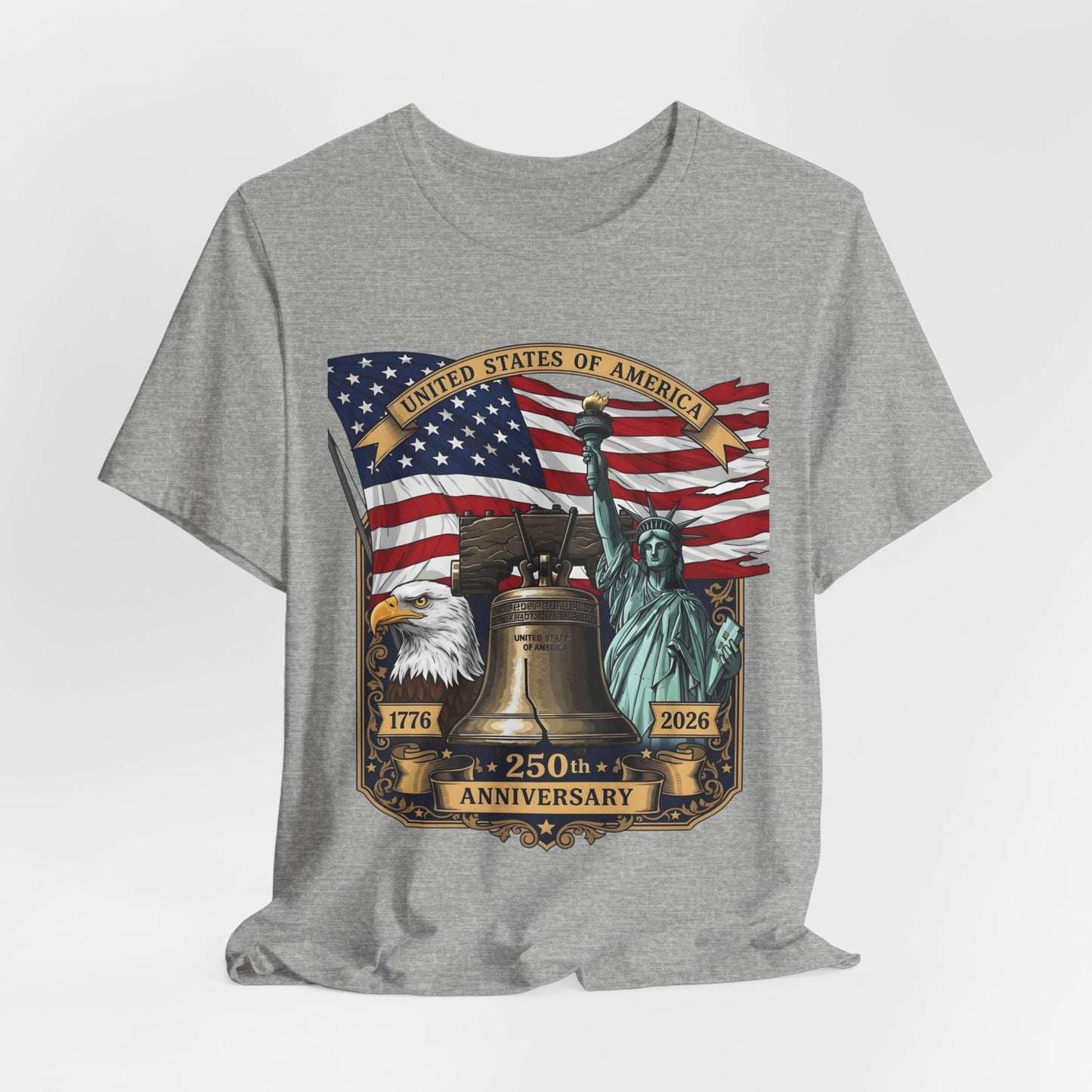 Patriotic 250th Anniversary T-Shirt - Liberty Bell, Bald Eagle & Statue of Liberty