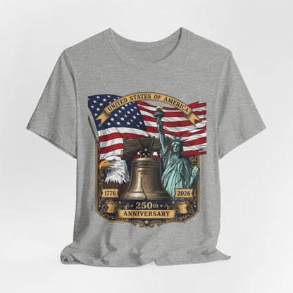 Patriotic 250th Anniversary T-Shirt - Liberty Bell, Bald Eagle & Statue of Liberty